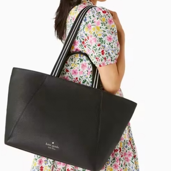 kate spade Handbags - Kate Spade NY Rosie Pebbled Leather Large Tote Black Dual Handles Striped NEW